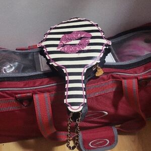 Striped Handbag with Pink Lips Design